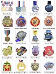 Diverse custom sports medals for marathon, swimming, and cycling events