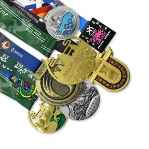 Close-up of a custom medal with a personalized ribbon