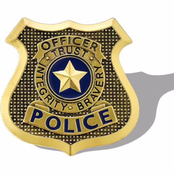 Classic enamel police badge lapel pin on uniform jacket