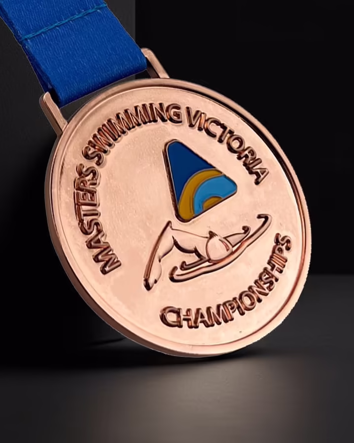 custom swimming medal with blue ribbon
