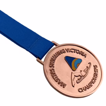 custom swimming medal with blue ribbon