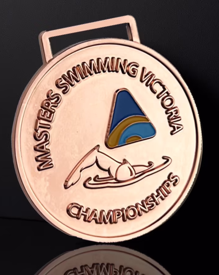 custom swimming medal with blue ribbon