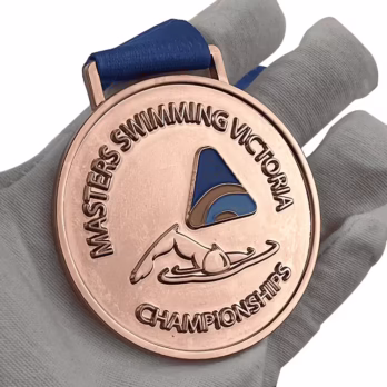custom swimming medal with blue ribbon