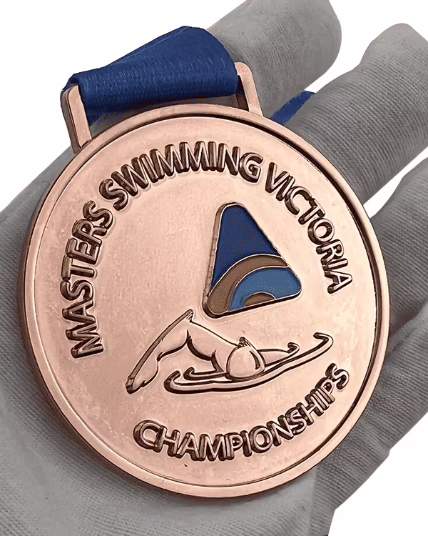 custom swimming medal with blue ribbon