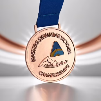 custom swimming medal with blue ribbon
