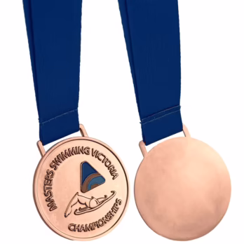 custom swimming medal with blue ribbon