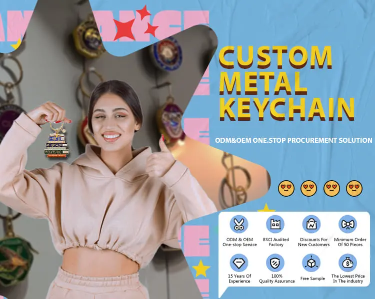 Collection of custom metal, acrylic, leather, PVC, and embroidered keychains in various shapes and colors.