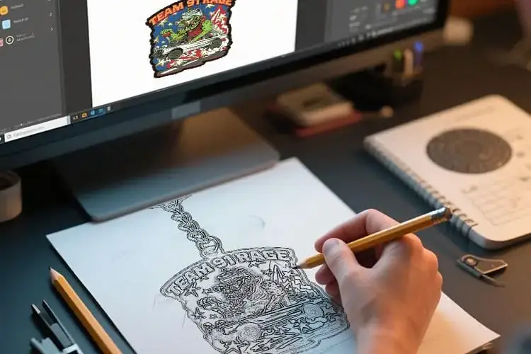 Creative process of designing a custom keychain, showing hand sketching or digital rendering