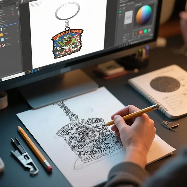 Creative process of designing a custom keychain, showing hand sketching or digital rendering