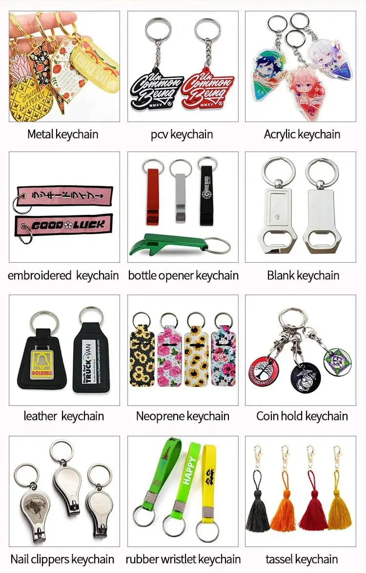 Visual comparison of different custom keychain materials: sleek metal, vibrant acrylic, classic leather, and flexible PVC