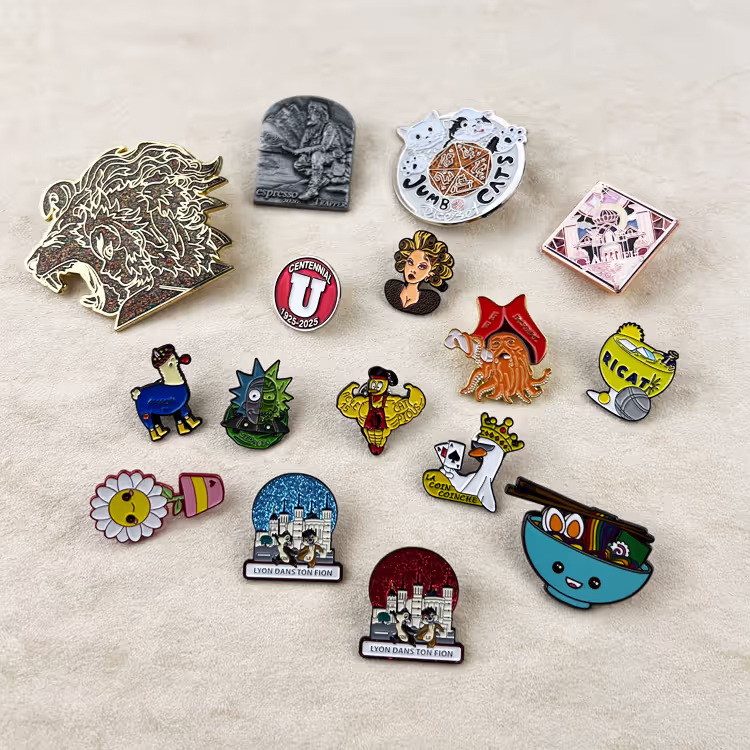 Comparison of different lapel pin types including soft enamel, hard enamel, and die struck pins