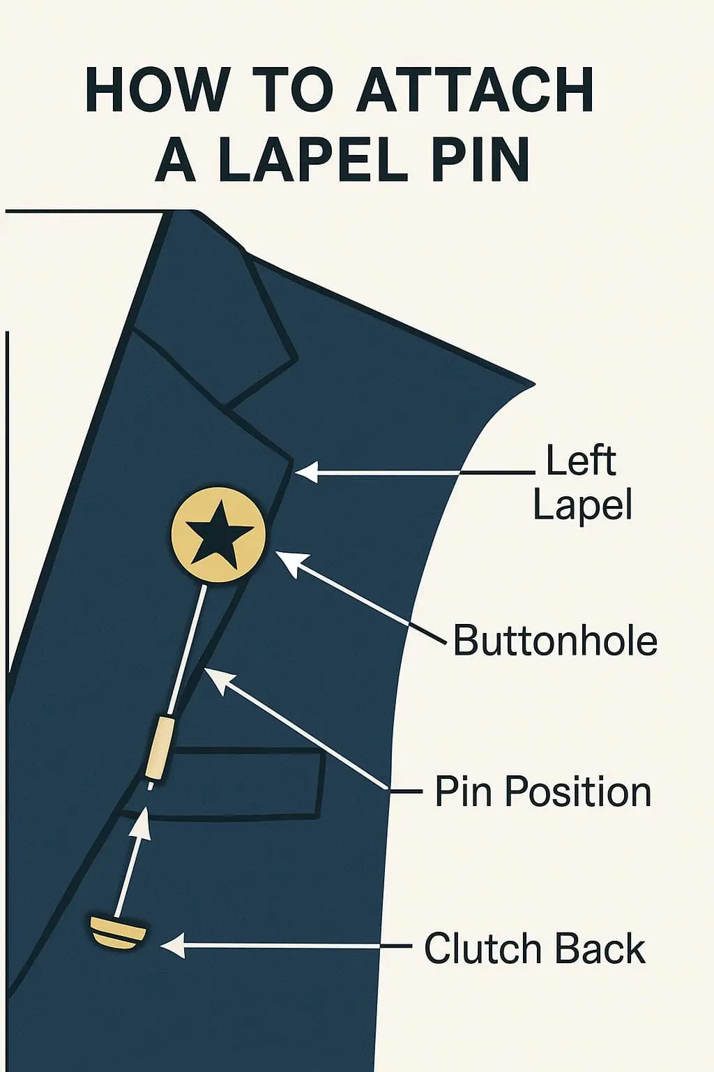 Step-by-step guide showing proper lapel pin placement and attachment method