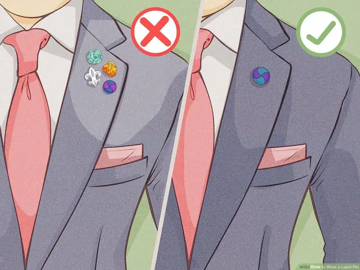Visual guide showing the correct and incorrect ways to wear a lapel pin